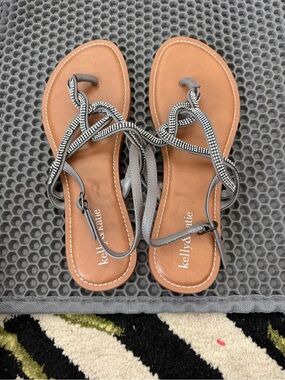 Kelly & Katie Silver Braided Strap Sandals with Tan Footbed